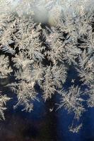 Snowflakes frost rime macro on window glass pane photo