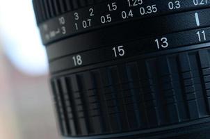 fragmento de una lente de zoom de gran angular para una cámara slr moderna. el conjunto de valores de distancia se indica mediante números blancos en el cuerpo negro foto