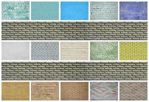 A collage of many pictures with fragments of brick walls of different colors close-up. Set of images with varieties of brickwork photo