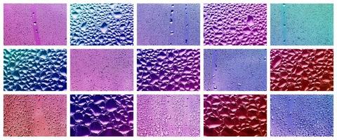 A collage of many different fragments of glass, decorated with rain drops from the condensate. Purple and violet tones photo