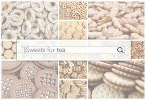 Visualization of the search bar on the background of a collage of many pictures with various sweets close up. Sweets for tea photo