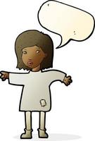 cartoon woman in patched clothing with speech bubble vector