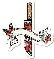 grunge sticker with banner of a dagger and flowers vector