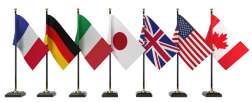drapeaux du groupe g7 des sept et liste des pays. canada, états-unis, allemagne, italie, france, japon. rendu 3d png