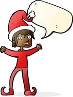 cartoon excited christmas elf with speech bubble vector