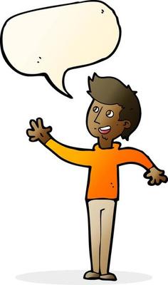 cartoon man waving with speech bubble