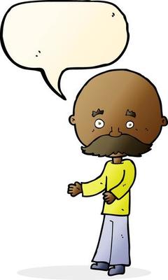 cartoon man with mustache with speech bubble