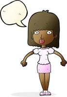 cartoon woman shrugging shoulders with speech bubble vector