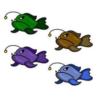 Set of colored icons, Predatory deep-sea angry fish with sharp teeth, vector cartoon illustration on a white background