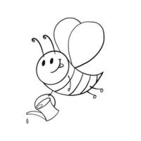 Monochrome image. Cute bee with a small watering can, bee watering plants, vector illustration in cartoon style on a white background