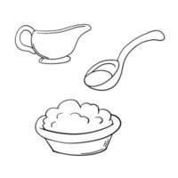 Monochrome icon set, ceramic plate with cottage cheese, spoon with sour cream, vector illustration in cartoon style on a white background