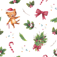 Watercolor seamless christmas pattern with tigers, fir trees, candy cane and holly png