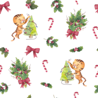 Watercolor seamless christmas pattern with tigers, christmas trees, candy canes and holly png