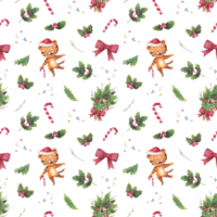 Watercolor seamless christmas pattern with tigers, fir trees, candy cane and holly png