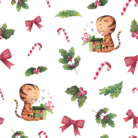 Watercolor seamless christmas pattern with tigers opening a gift, fir trees, bows, lollipops and holly png