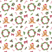 Watercolor seamless christmas pattern with tigers, fir trees, candy cane and holly png