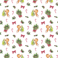 Watercolor seamless christmas pattern with tigers, christmas trees, candy canes and holly png