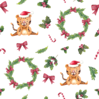 Watercolor seamless christmas pattern with tigers, santa hat, wreaths, fir trees, candy canes and holly png