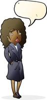 cartoon woman in trench coat with speech bubble vector