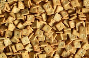 Background texture of small edible squares baked from dough and sprinkled with salt. A lot of salt cracker photo