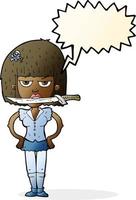 cartoon woman with knife between teeth with speech bubble vector