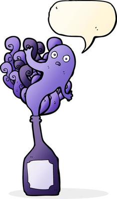 cartoon ghost in bottle with speech bubble