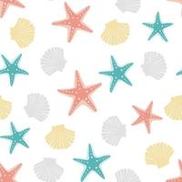 Seamless pattern of seashells and starfish. Concept of ocean flora and fauna, marine and underwater life, summertime. Seashells Seamless pattern. Composition of scallop and starfish background. vector