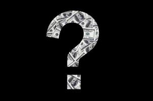 The symbol Question on a black background. A pattern from the set of scattered dollar bills as a filling character photo