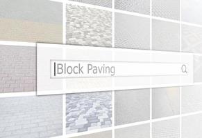 Visualization of the search bar on the background of a collage of many pictures with fragments of paving tiles close up. Block paving photo