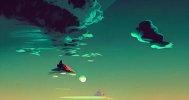 Space game background, night alien fantasy landscape with flying rocks, planets in dark starry sky. Extraterrestrial glowing liquid plasma spots in cracked land surface, Cartoon