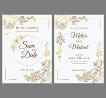 fondo de plantilla de tarjeta de invitación de boda de lujo con flor de arte de línea dorada, formas orgánicas, diseño de invitación vectorial para tarjeta de boda y plantilla de portada vip vector