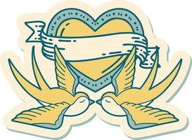 sticker of tattoo in traditional style of swallows and a heart with banner vector