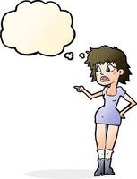 cartoon worried woman in dress pointing with thought bubble vector