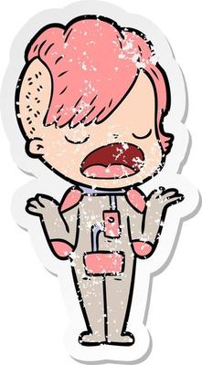 distressed sticker of a cartoon cool hipster girl in space suit