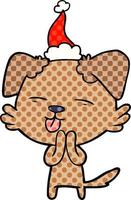 comic book style illustration of a dog sticking out tongue wearing santa hat vector