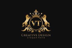 initial VT Retro golden crest with circle and two horses, badge template with scrolls and royal crown - perfect for luxurious branding projects vector