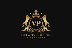 initial VP Retro golden crest with circle and two horses, badge template with scrolls and royal crown - perfect for luxurious branding projects vector