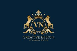 initial VN Retro golden crest with circle and two horses, badge template with scrolls and royal crown - perfect for luxurious branding projects vector