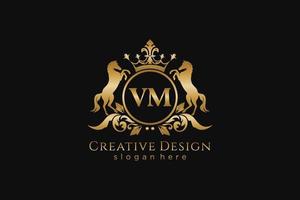 initial VM Retro golden crest with circle and two horses, badge template with scrolls and royal crown - perfect for luxurious branding projects vector
