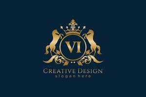 initial VI Retro golden crest with circle and two horses, badge template with scrolls and royal crown - perfect for luxurious branding projects vector