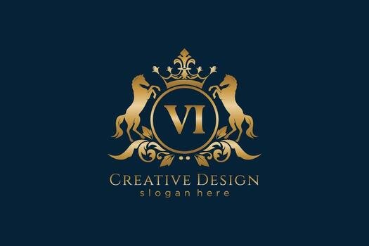 initial VI Retro golden crest with circle and two horses, badge template with scrolls and royal crown - perfect for luxurious branding projects vector