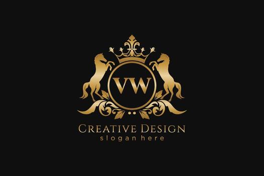 initial VW Retro golden crest with circle and two horses, badge template with scrolls and royal crown - perfect for luxurious branding projects vector