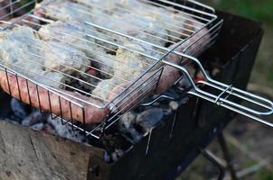 Shish kebabs from chicken wings are fried in the field. A classic barbecue in the open air. The process of frying meat on charcoal photo