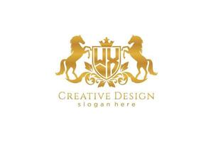 initial WX Retro golden crest with shield and two horses, badge template with scrolls and royal crown - perfect for luxurious branding projects vector