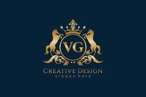 initial VG Retro golden crest with circle and two horses, badge template with scrolls and royal crown - perfect for luxurious branding projects vector