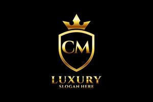 initial CM elegant luxury monogram logo or badge template with scrolls and royal crown - perfect for luxurious branding projects vector
