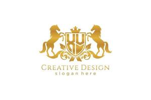 initial XV Retro golden crest with shield and two horses, badge template with scrolls and royal crown - perfect for luxurious branding projects vector