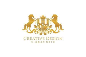 initial XV Retro golden crest with shield and two horses, badge template with scrolls and royal crown - perfect for luxurious branding projects vector