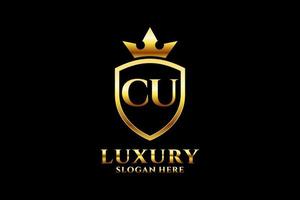 initial CU elegant luxury monogram logo or badge template with scrolls and royal crown - perfect for luxurious branding projects vector