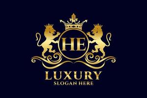 Initial HE Letter Lion Royal Luxury Logo template in vector art for luxurious branding projects and other vector illustration.